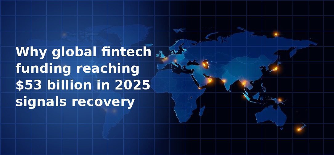 Dark navy blue world map with glowing amber dots marking major global fintech hub cities across Europe, the Middle East, Asia and Australia on a grid overlay