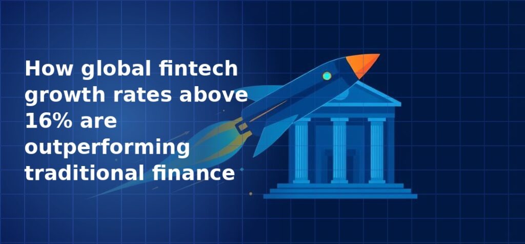 Illustration of a blue rocket with an orange tip launching past a traditional neoclassical bank building on a dark navy blue grid background, symbolising fintech outpacing traditional finance