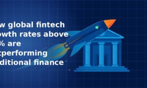 Illustration of a blue rocket with an orange tip launching past a traditional neoclassical bank building on a dark navy blue grid background, symbolising fintech outpacing traditional finance