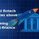 Illustration of a blue rocket with an orange tip launching past a traditional neoclassical bank building on a dark navy blue grid background, symbolising fintech outpacing traditional finance