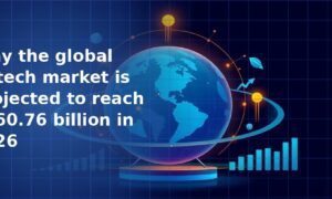 3D illustration of a glowing blue globe with a gold orbital ring, upward arrow and rising bar charts on a dark navy blue grid background, representing global market growth