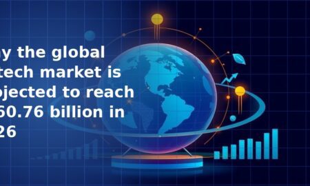 3D illustration of a glowing blue globe with a gold orbital ring, upward arrow and rising bar charts on a dark navy blue grid background, representing global market growth