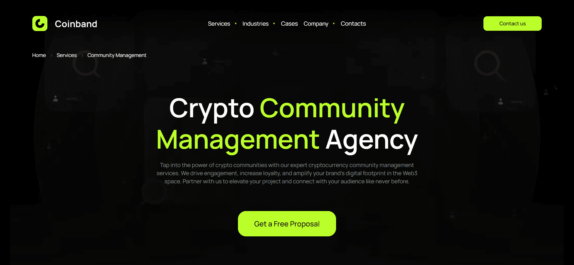 Coinband crypto community management agency homepage — Web3 community building and engagement services for blockchain projects.