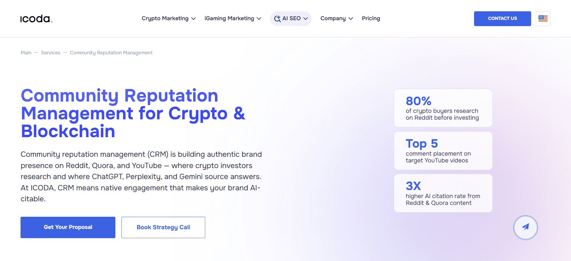 ICODA community reputation management for crypto and blockchain — Reddit, Quora, and YouTube ORM with 3X higher AI citation rate.