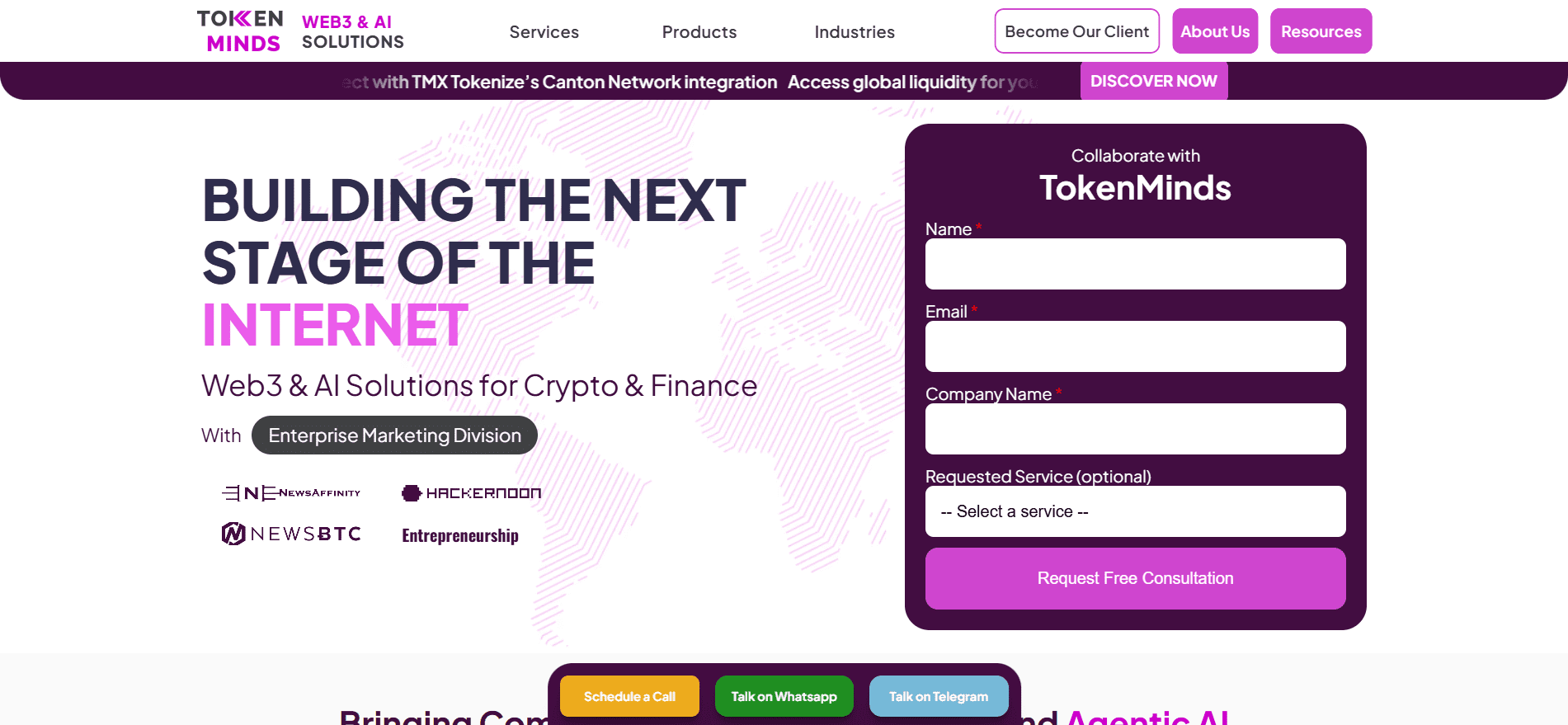 TokenMinds Web3 and AI solutions homepage — blockchain marketing and crypto PR agency featured in NewsAffinity, HackerNoon, NewsBTC, and Entrepreneurship media.