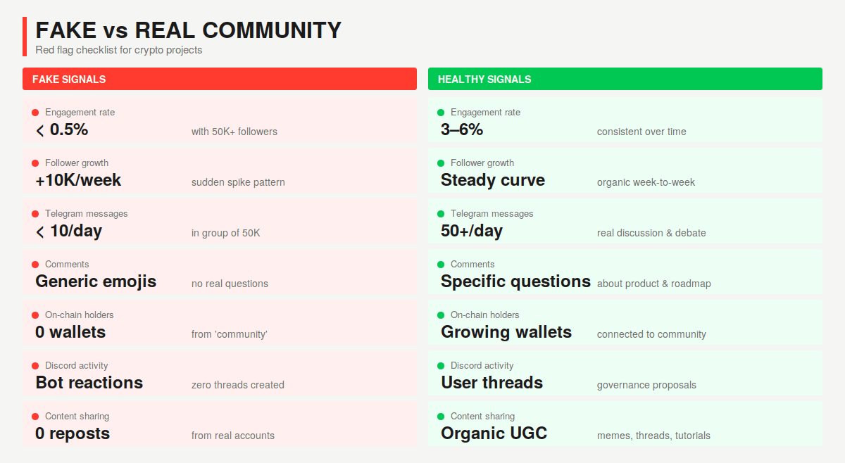 Infographic comparing fake and real crypto community engagement signals across seven metrics including engagement rate, follower growth, Telegram activity, comment quality, on-chain holders, Discord activity, and content sharing, with red flag thresholds for fake signals and healthy benchmarks for authentic blockchain project communities.