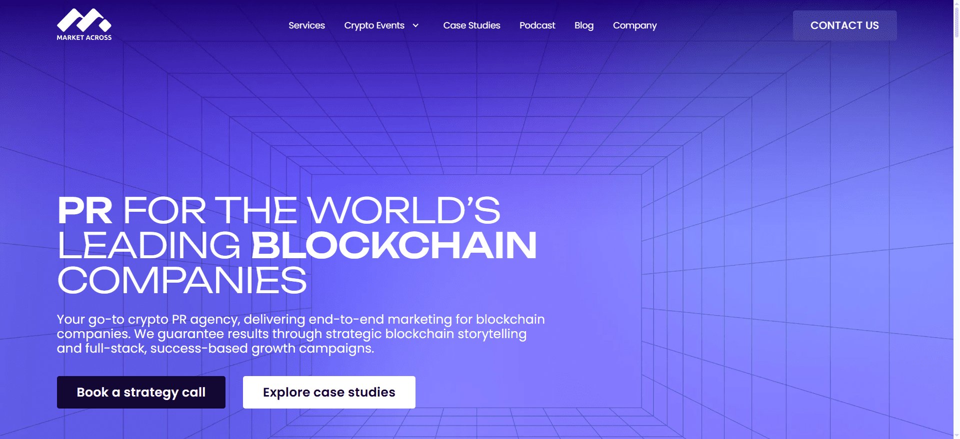 MarketAcross blockchain PR agency homepage — full-stack crypto public relations for the world's leading blockchain companies.