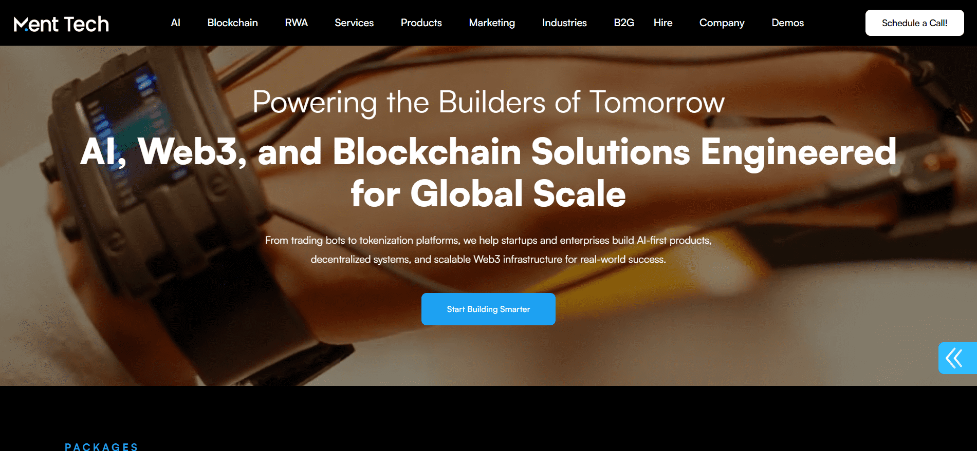 Ment Tech AI, Web3, and blockchain solutions agency homepage — community management and marketing services for DeFi, NFT, and RWA projects.