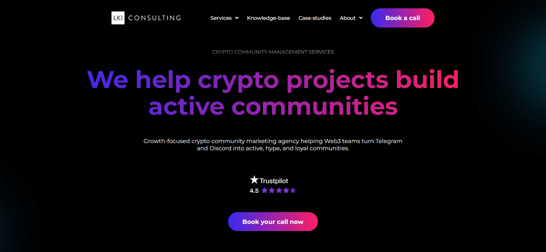LKI Consulting crypto community management services homepage — growth-focused Web3 agency building active Telegram and Discord communities.