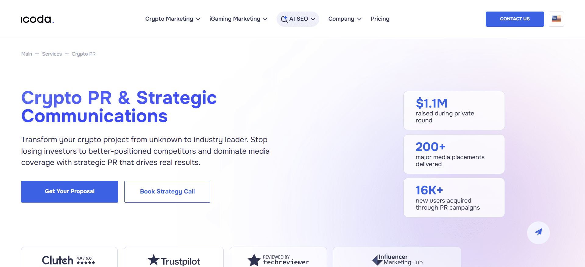 ICODA crypto PR and strategic communications agency homepage showing $1.1M raised, 200+ media placements, and 16K+ users acquired through PR campaigns.