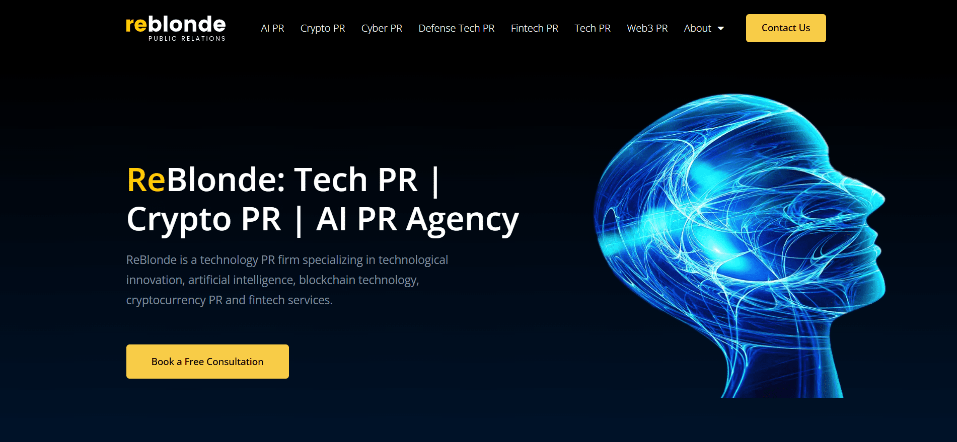 ReBlonde technology PR agency homepage offering crypto PR, AI PR, Web3 PR, and fintech public relations services for blockchain and emerging tech companies.