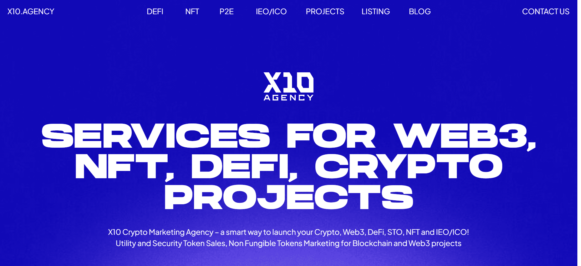 X10 Agency crypto marketing services homepage — Web3, NFT, DeFi, and IEO/ICO community management and promotion for blockchain projects.
