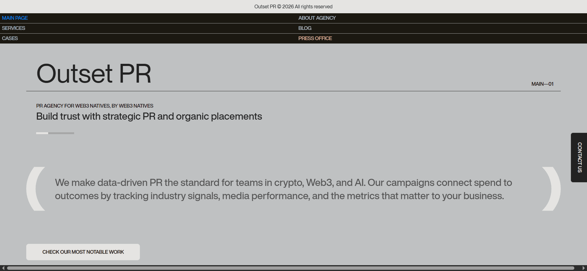 Outset PR web3 native crypto PR agency homepage — data-driven public relations connecting campaign spend to measurable outcomes for blockchain projects.
