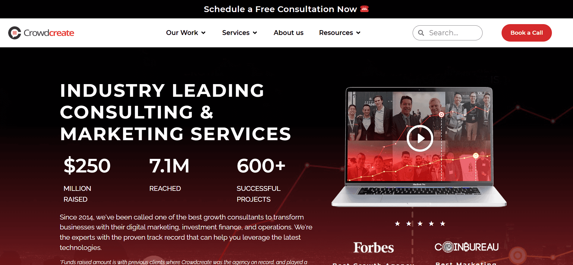 Crowdcreate Web3 marketing agency homepage — $250M raised, 7.1M reached, 600+ successful blockchain and crypto community projects.