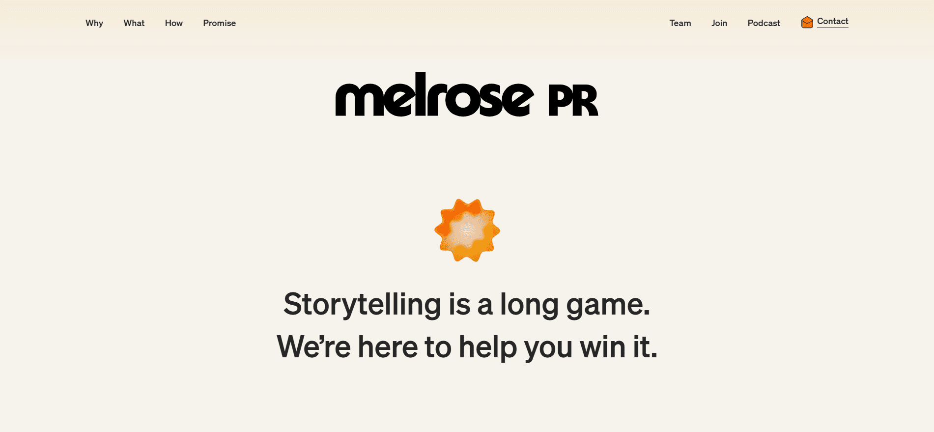 Melrose PR onchain communications firm homepage with tagline "Storytelling is a long game" — blockchain and Web3 PR agency focused on long-term narrative building