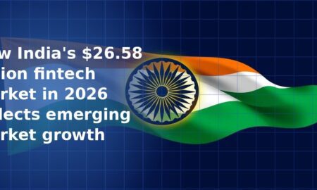 Stylised illustration of a waving Indian tricolour flag in saffron, white and green with the navy Ashoka Chakra wheel, set against a dark navy blue grid background