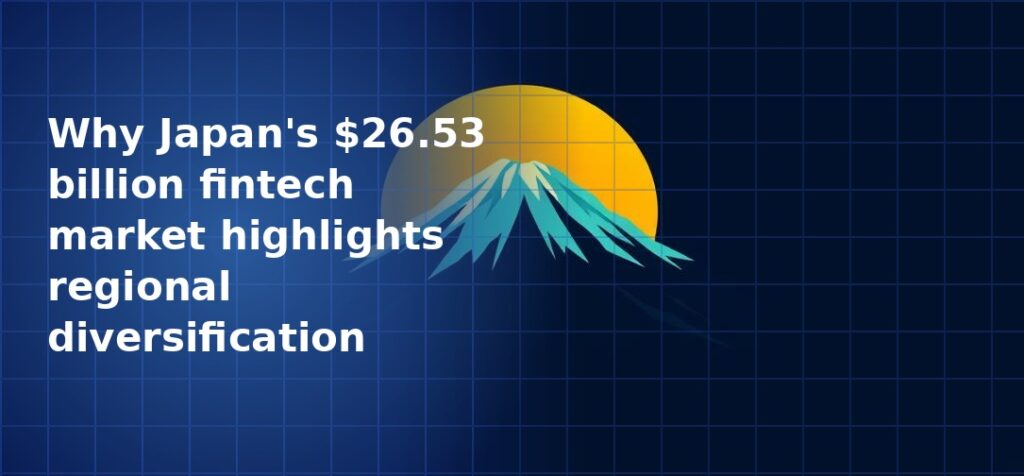 Stylised illustration of Mount Fuji in teal tones rising against a large golden sun on a deep navy blue grid background