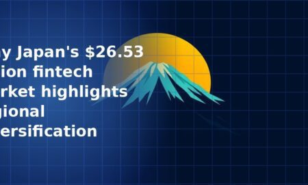 Stylised illustration of Mount Fuji in teal tones rising against a large golden sun on a deep navy blue grid background
