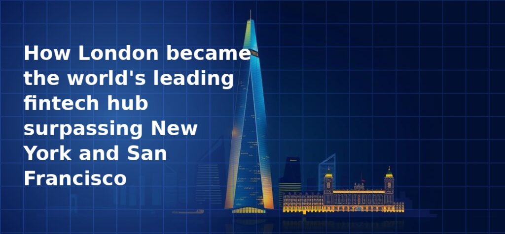 Illustration of The Shard glass skyscraper alongside a gold-lit neoclassical building on a dark navy blue grid background, representing London's financial district