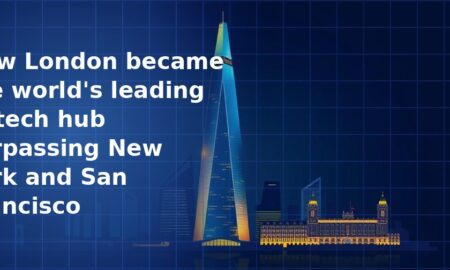 Illustration of The Shard glass skyscraper alongside a gold-lit neoclassical building on a dark navy blue grid background, representing London's financial district