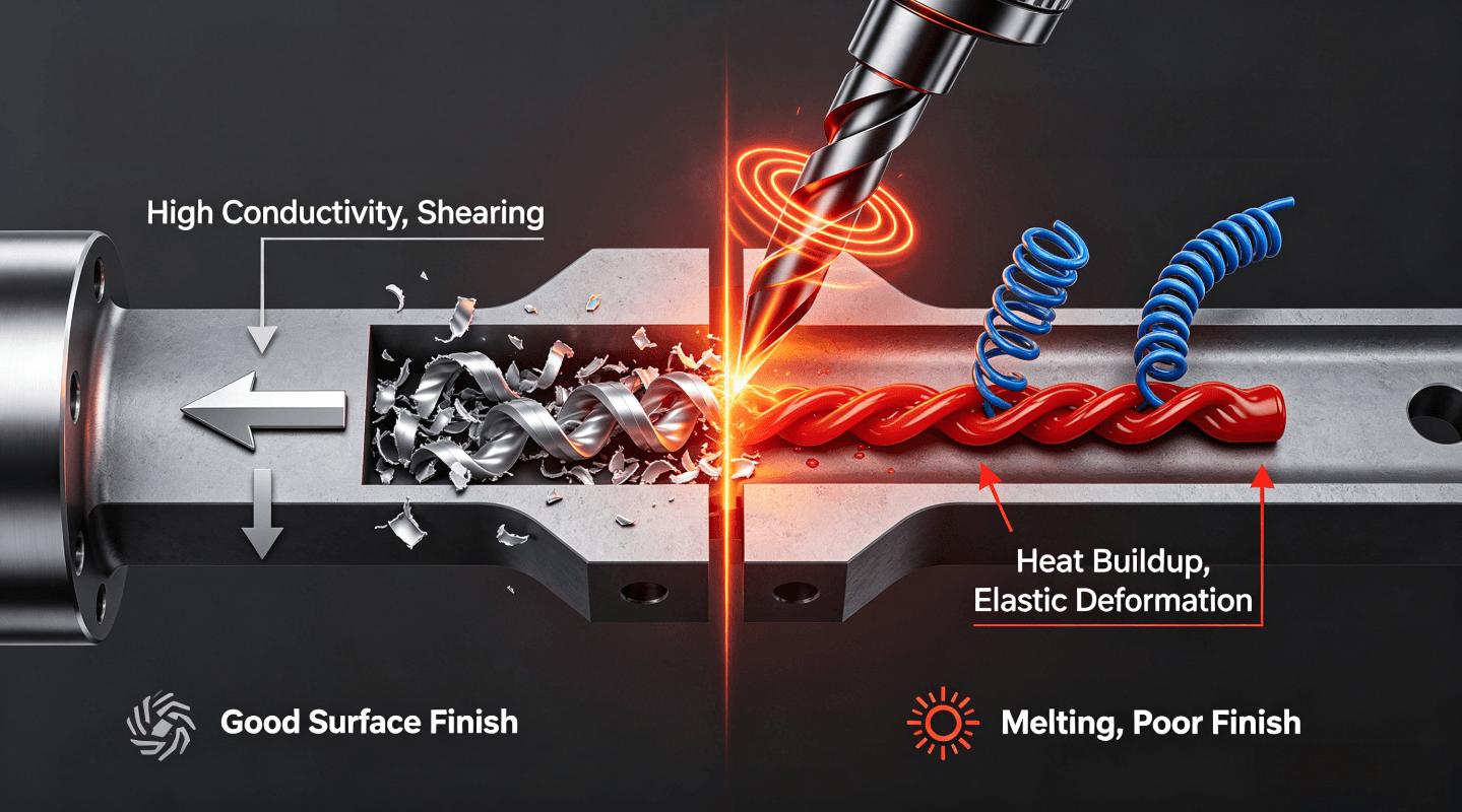 3D infographic comparing the core physics of metal cutting (high heat conduction, clean shearing) with plastic cutting (heat accumulation, elastic deformation), visually explaining why different strategies are required to prevent melting and warping.