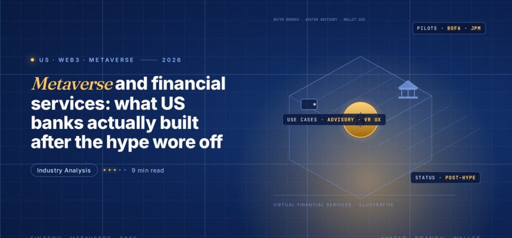 Editorial illustration of metaverse financial services, a wireframe isometric hexagonal world in blue grid lines with a glowing gold dollar coin floating inside, a blue bank building icon floating top-right and a small wallet icon floating left