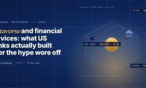 Editorial illustration of metaverse financial services, a wireframe isometric hexagonal world in blue grid lines with a glowing gold dollar coin floating inside, a blue bank building icon floating top-right and a small wallet icon floating left