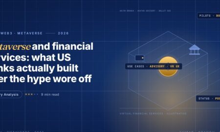 Editorial illustration of metaverse financial services, a wireframe isometric hexagonal world in blue grid lines with a glowing gold dollar coin floating inside, a blue bank building icon floating top-right and a small wallet icon floating left