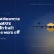 Editorial illustration of metaverse financial services, a wireframe isometric hexagonal world in blue grid lines with a glowing gold dollar coin floating inside, a blue bank building icon floating top-right and a small wallet icon floating left