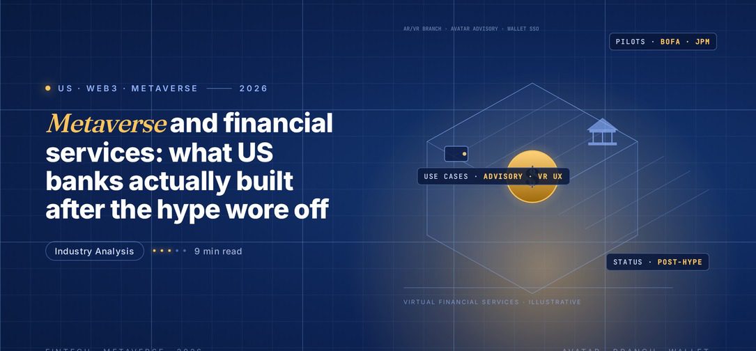 Editorial illustration of metaverse financial services, a wireframe isometric hexagonal world in blue grid lines with a glowing gold dollar coin floating inside, a blue bank building icon floating top-right and a small wallet icon floating left