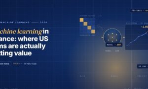 Editorial illustration of machine learning in finance, a blue and gold 4 by 4 confusion matrix heatmap on the left feeding via a dashed arrow into a central neural network model node with seven gold nodes, and a prediction chart on the right with a blue historical line and a gold dashed 5-day forward prediction ending at plus 4.8 percent