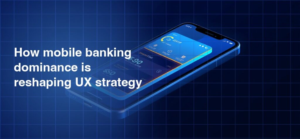 3D illustration of a smartphone floating at an angle on a dark navy blue grid background, displaying a mobile banking app interface with yellow and blue UI elements