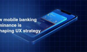 3D illustration of a smartphone floating at an angle on a dark navy blue grid background, displaying a mobile banking app interface with yellow and blue UI elements