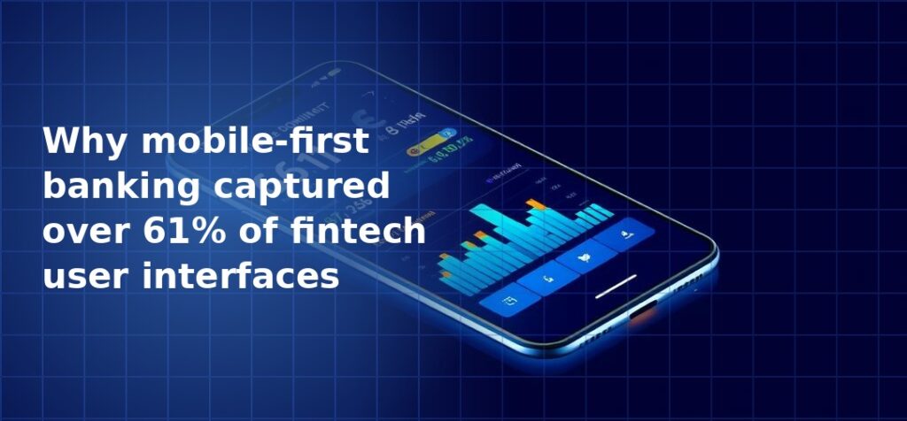 Isometric 3D illustration of a smartphone displaying a fintech banking dashboard with blue bar charts and data visualisations on a dark navy blue grid background