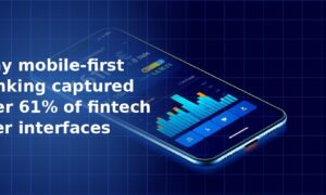 Isometric 3D illustration of a smartphone displaying a fintech banking dashboard with blue bar charts and data visualisations on a dark navy blue grid background