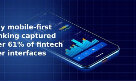 Isometric 3D illustration of a smartphone displaying a fintech banking dashboard with blue bar charts and data visualisations on a dark navy blue grid background