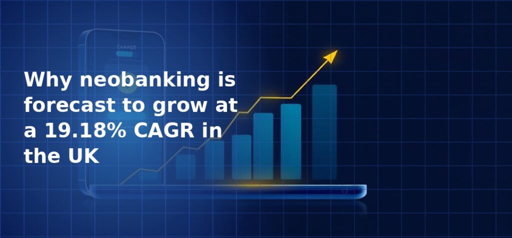 Illustration of a smartphone with rising blue bar charts growing from it and a gold upward-trending arrow on a dark navy blue grid background, representing neobanking growth