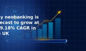 Illustration of a smartphone with rising blue bar charts growing from it and a gold upward-trending arrow on a dark navy blue grid background, representing neobanking growth