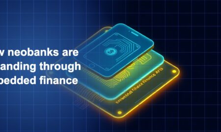 Geometric illustration of neobank embedded finance partnerships with navy blue gradient overlay and fintech network icons