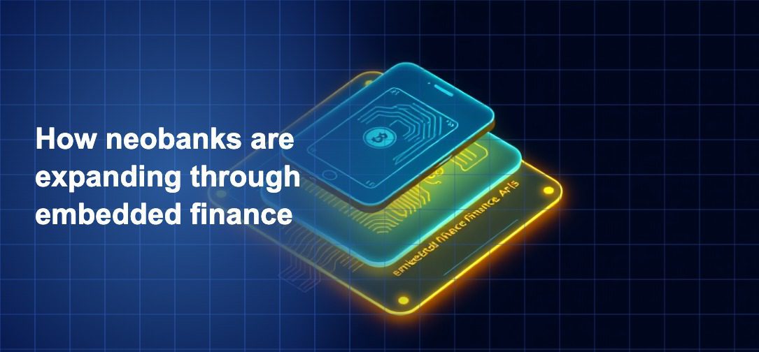 Geometric illustration of neobank embedded finance partnerships with navy blue gradient overlay and fintech network icons