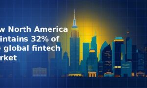 Illustration of a New York city skyline with a golden glow radiating behind tall skyscrapers including the Empire State Building on a dark navy blue grid background