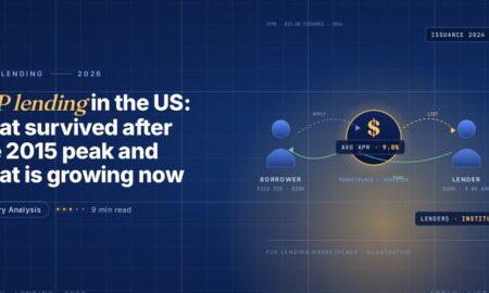 Editorial illustration of peer-to-peer lending, a blue borrower figure on the left with a gold central platform hub showing a dollar sign and a blue lender figure on the right, connected by dashed application and listing arrows and green funding flow arrows