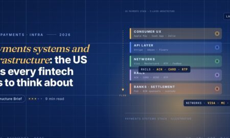 Editorial illustration of the US payments infrastructure stack, five horizontal layered bars labelled Consumer UX in gold, API Layer in blue, Networks in green, Rails in violet and Banks Settlement in orange, each with a subtitle listing example providers and a small dollar circle on the right, plus a vertical gold FLOW arrow on the left side