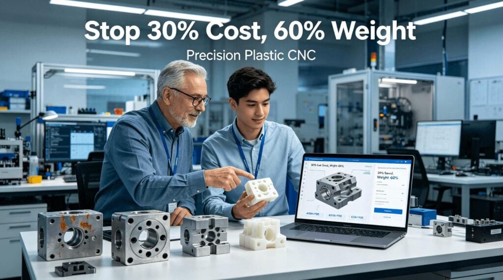 A hardware engineer and project manager compare a heavy metal part, a failed 3D-printed plastic part, and a perfect CNC-machined plastic (ABS/Nylon/PEEK) prototype, with cost and weight savings data on a laptop, illustrating the benefits of precision plastic machining.