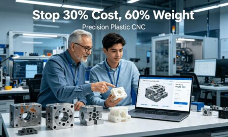 A hardware engineer and project manager compare a heavy metal part, a failed 3D-printed plastic part, and a perfect CNC-machined plastic (ABS/Nylon/PEEK) prototype, with cost and weight savings data on a laptop, illustrating the benefits of precision plastic machining.