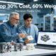 A hardware engineer and project manager compare a heavy metal part, a failed 3D-printed plastic part, and a perfect CNC-machined plastic (ABS/Nylon/PEEK) prototype, with cost and weight savings data on a laptop, illustrating the benefits of precision plastic machining.