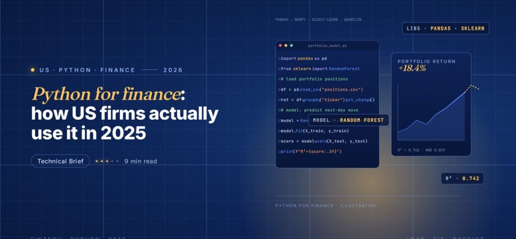 Editorial illustration of Python for finance, a dark code editor window on the left showing ten lines of syntax-coloured Python using pandas and scikit-learn for a portfolio return model, and a chart panel on the right showing a gold return curve hitting plus 18.4 percent with a gold dashed prediction extension