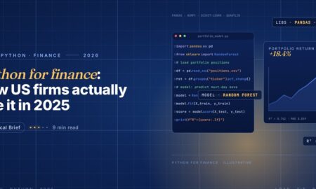 Editorial illustration of Python for finance, a dark code editor window on the left showing ten lines of syntax-coloured Python using pandas and scikit-learn for a portfolio return model, and a chart panel on the right showing a gold return curve hitting plus 18.4 percent with a gold dashed prediction extension
