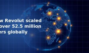 Blue globe showing Europe, Africa and the Middle East with glowing amber dots marking connected city networks across the continents on a dark navy blue grid background, representing global neobank reach