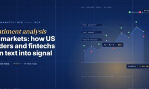 Editorial illustration of market sentiment analysis, a navy stock price line chart with a gold gradient line and gold price points, green and red sentiment dots plotted above and below each point, and three headline snippet boxes on the left feeding into the chart